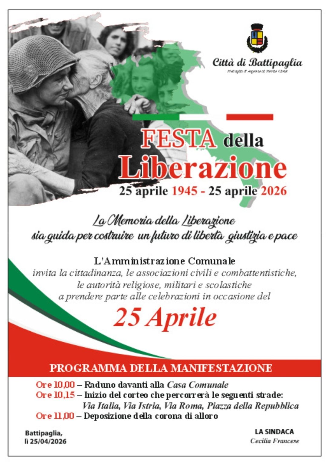 25 Aprile 2026. Battipaglia celebra la Festa della Liberazione ...