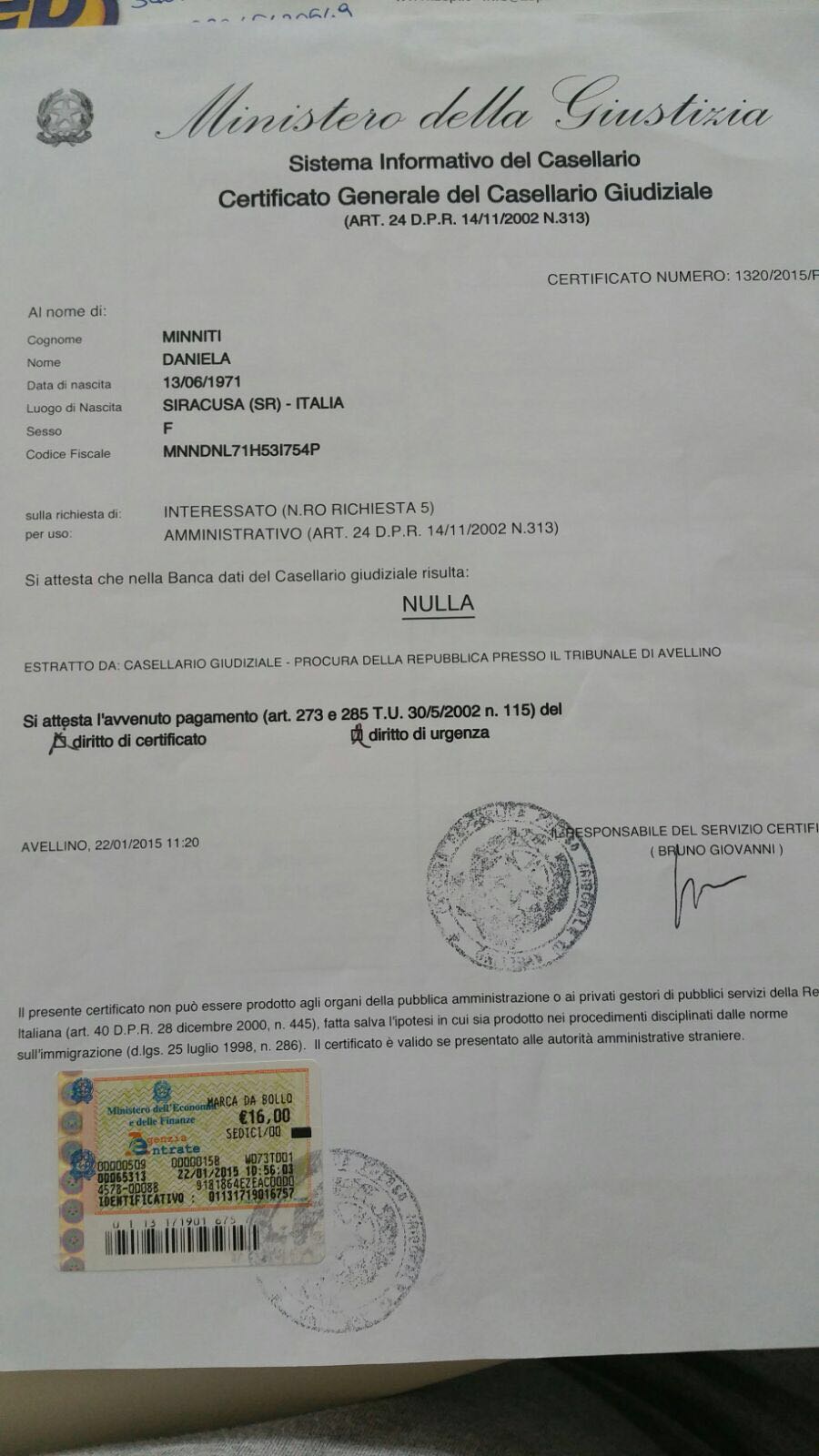 Certificato generale del Casellario Giudiziario - Daniela Minniti