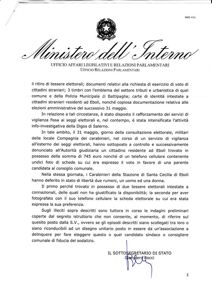 Interrogazione Cardiello-risposta Ministro interno