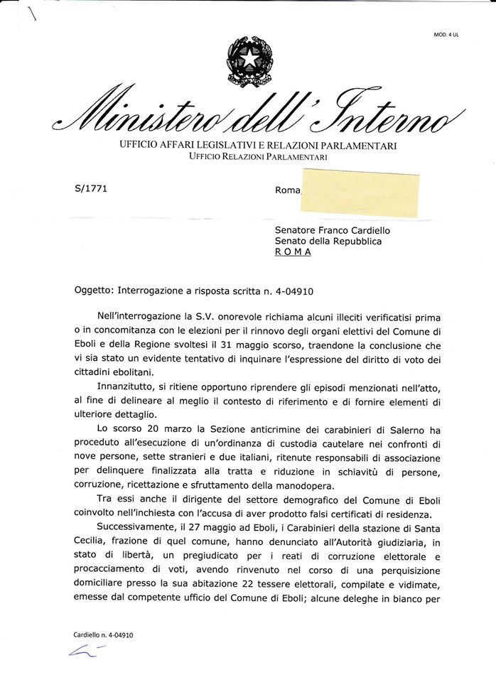 Interrogazione Cardiello-risposta Ministro interno 1