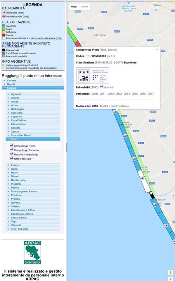 tabella Arpac classificazione acque marine fascia costiera