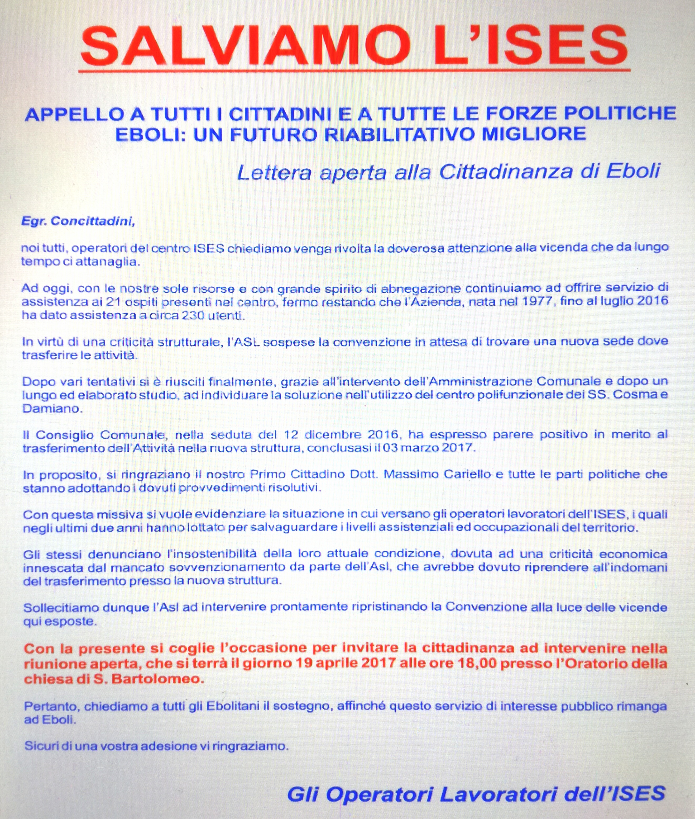 Lettera aperta dell'ISES agli ebolitani