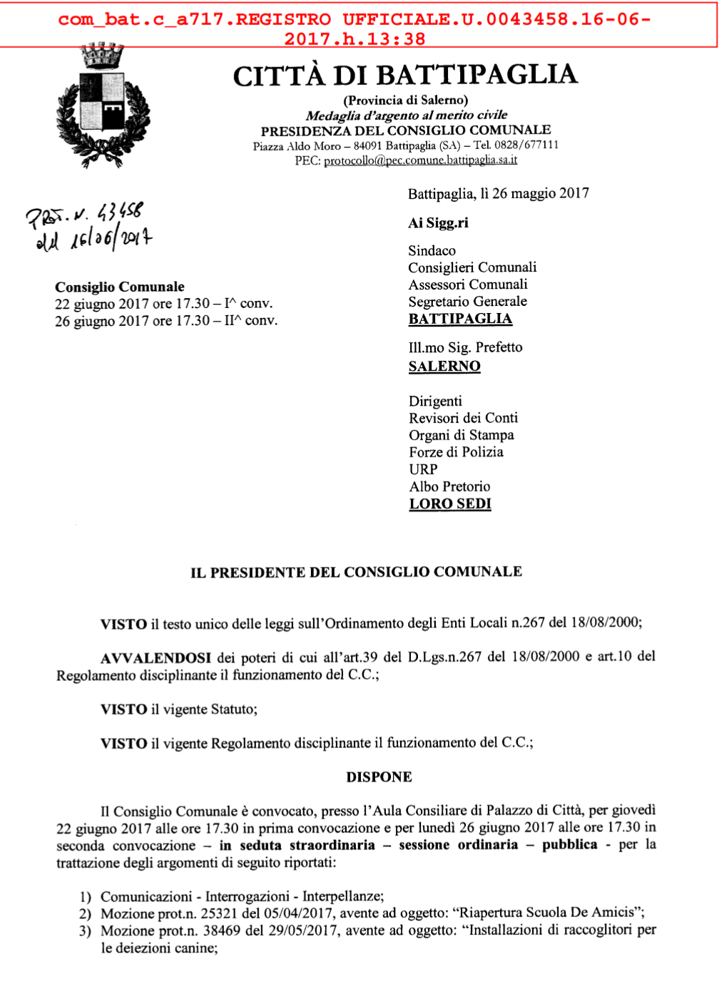 Convocazione consiglio comunale Battipaglia 22/06/2017