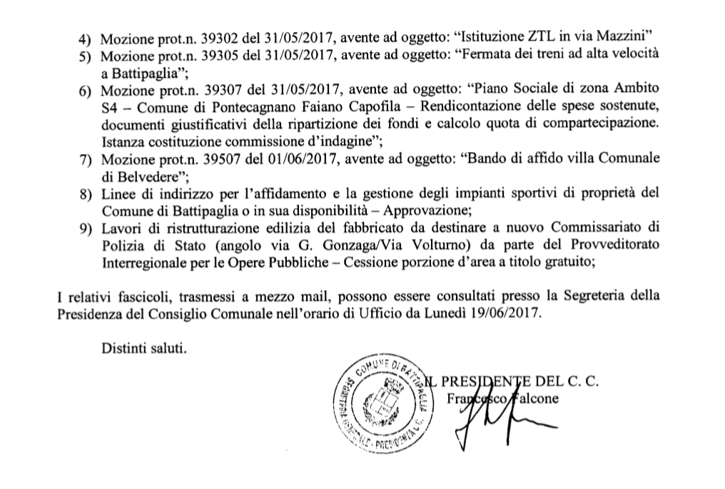 Convocazione consiglio comunale Battipaglia 22/06/2017