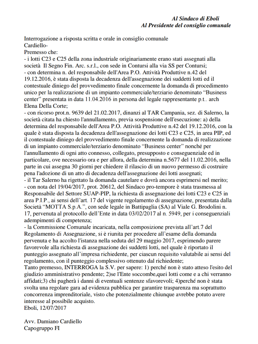 Cardiello-interrogazione Area PIP