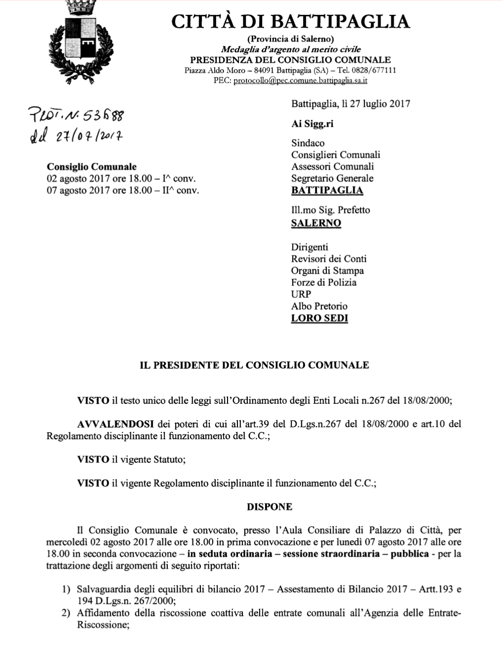 Convocazione Consiglio comunale Battipaglia