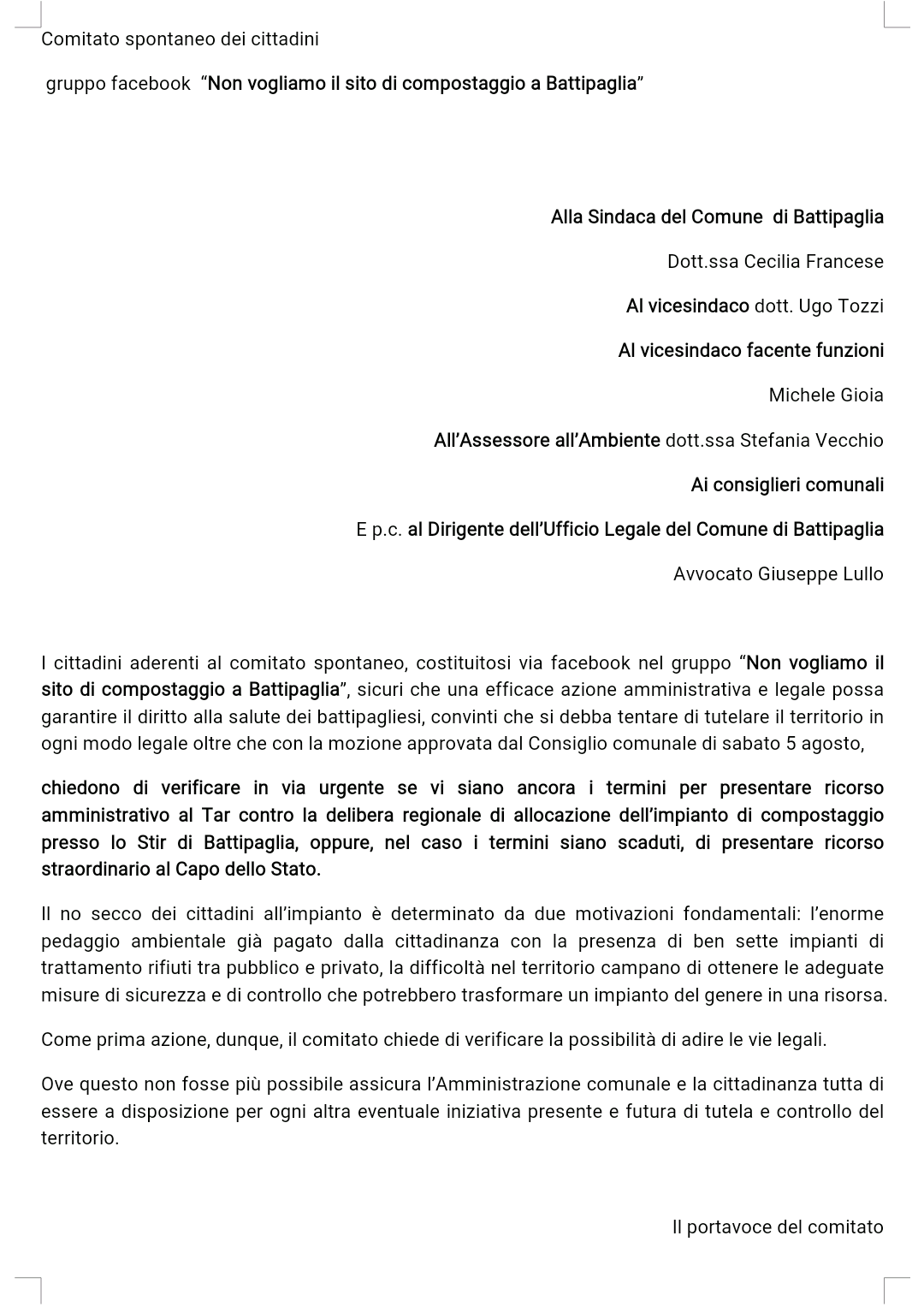 Lettera comitato spontaneo no compostaggio