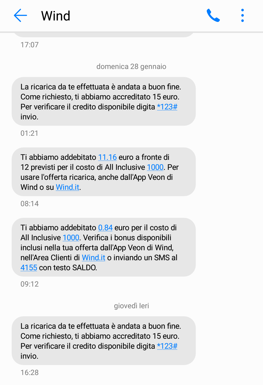 Schermate comunicazioni wind