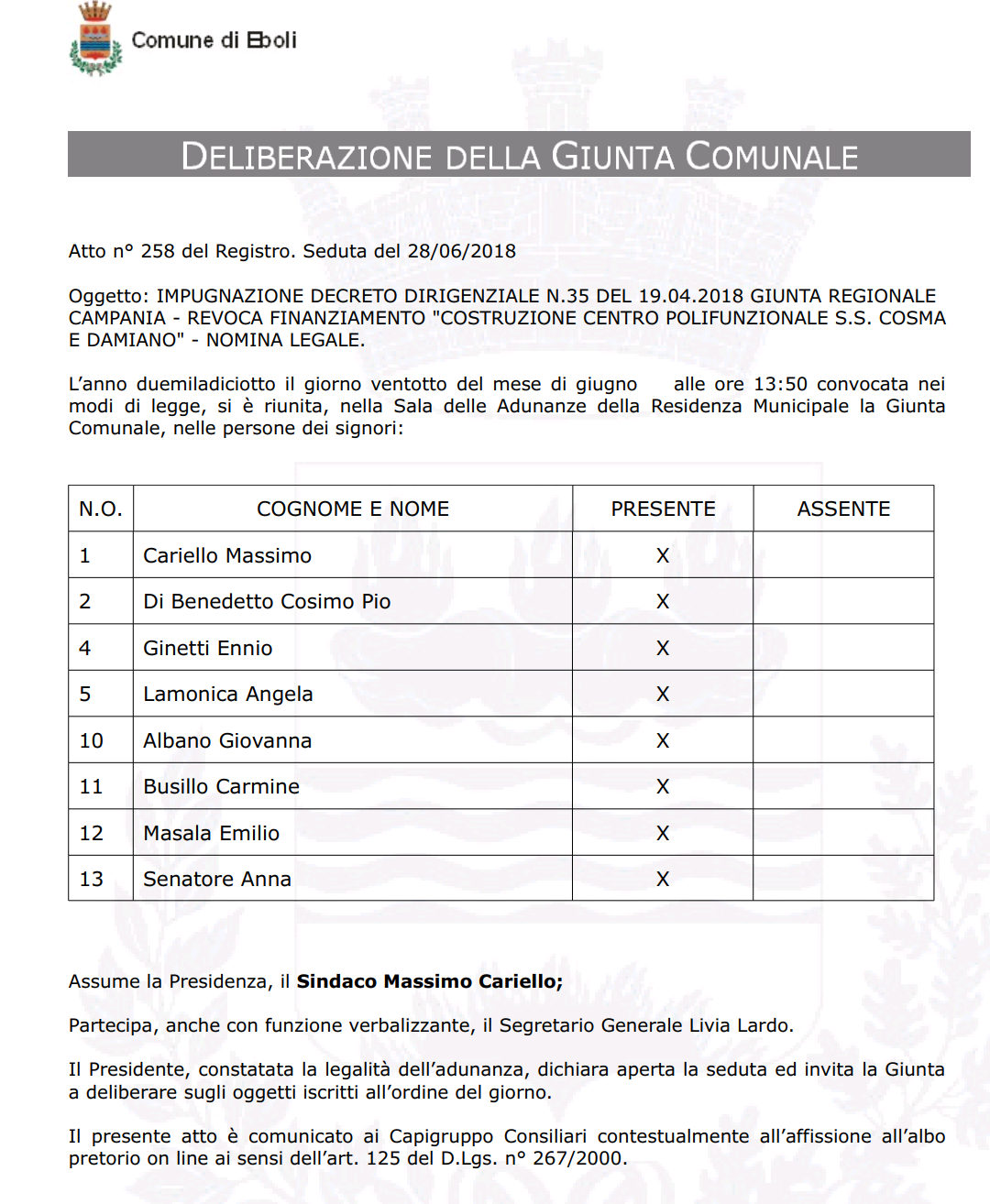 Delibera costituzione in giudizio revoca finanziamento centro polifunzionale 1