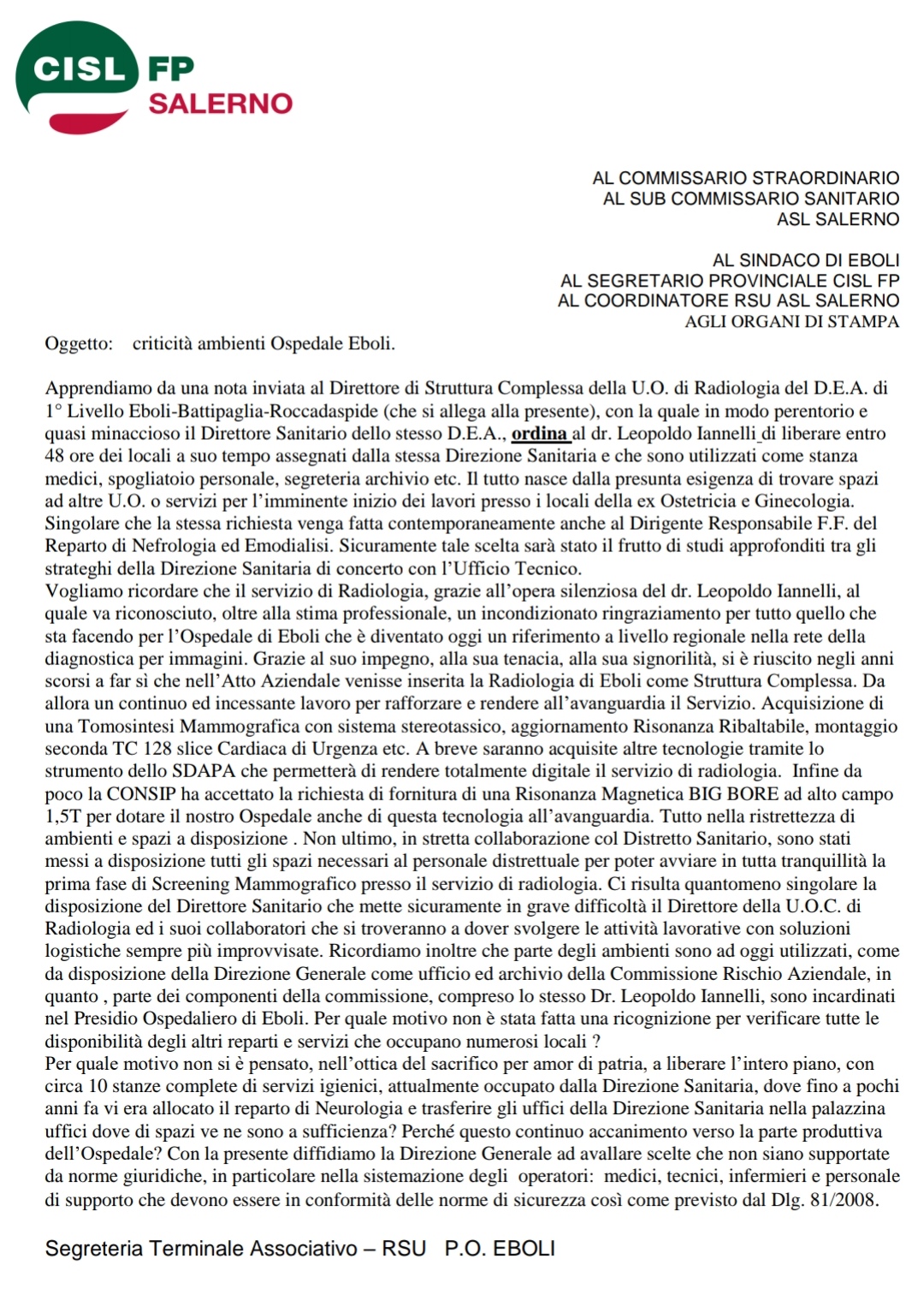 Ordine DS ospedale eboli