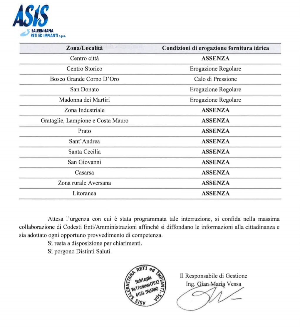 Ordinanza sospensione idrica ASIS