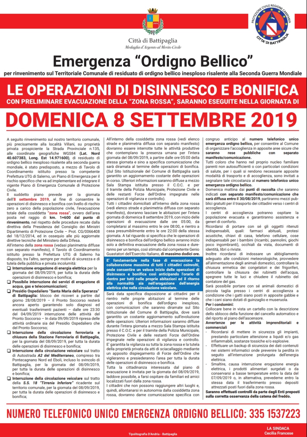 Manifesto Area interessata ordigno bellico Battipaglia