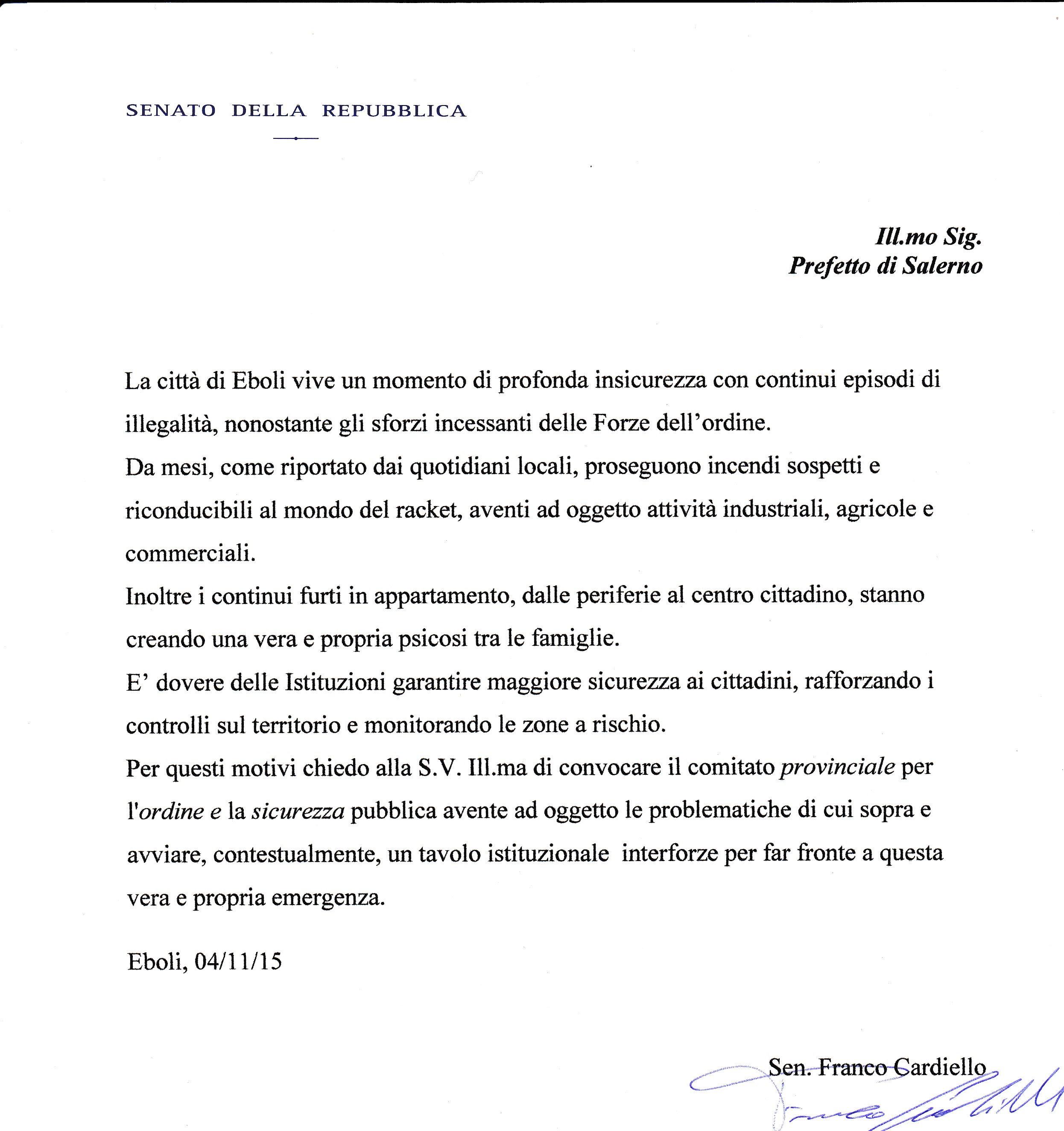 Lettera Cardiello al prefetto