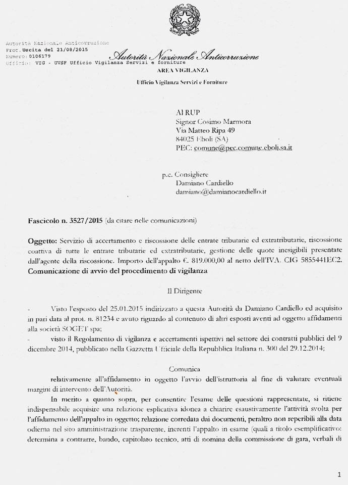 Lettera risposta Autorità anticorruzione