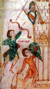 Pietro da Eboli - Miniature- Arciere e fromboliere all’assalto di un castello. Miniatura, inizi XIII secolo. Pietro da Eboli, Liber ad honorem Augusti, f. 117 recto, particolare. Berna, Burgbibliothek.