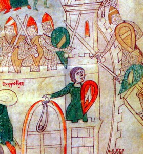 Pietro da Eboli- Miniatura- Fromboliere sulle mura di Salerno assalita dalle truppe imperiali. Miniatura, inizi XIII secolo. Pietro da Eboli, Liber ad honorem Augusti, f. 132 recto, particolare. Berna, Burgbibliothek.