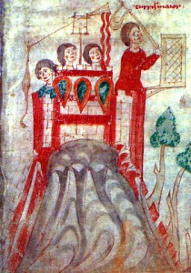 Pietro da Eboli- Miniatura- Fromboliere armato di fustibalo a difesa di una torre. Miniatura, inizi XIII secolo. Pietro da Eboli, Liber ad honorem Augusti, f. 111 recto, particolare. Berna, Burgbibliothek.