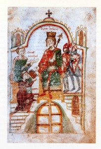 Pietro da Eboli nell'atto della donazione del Liber ad Honorem ad Enrico VI