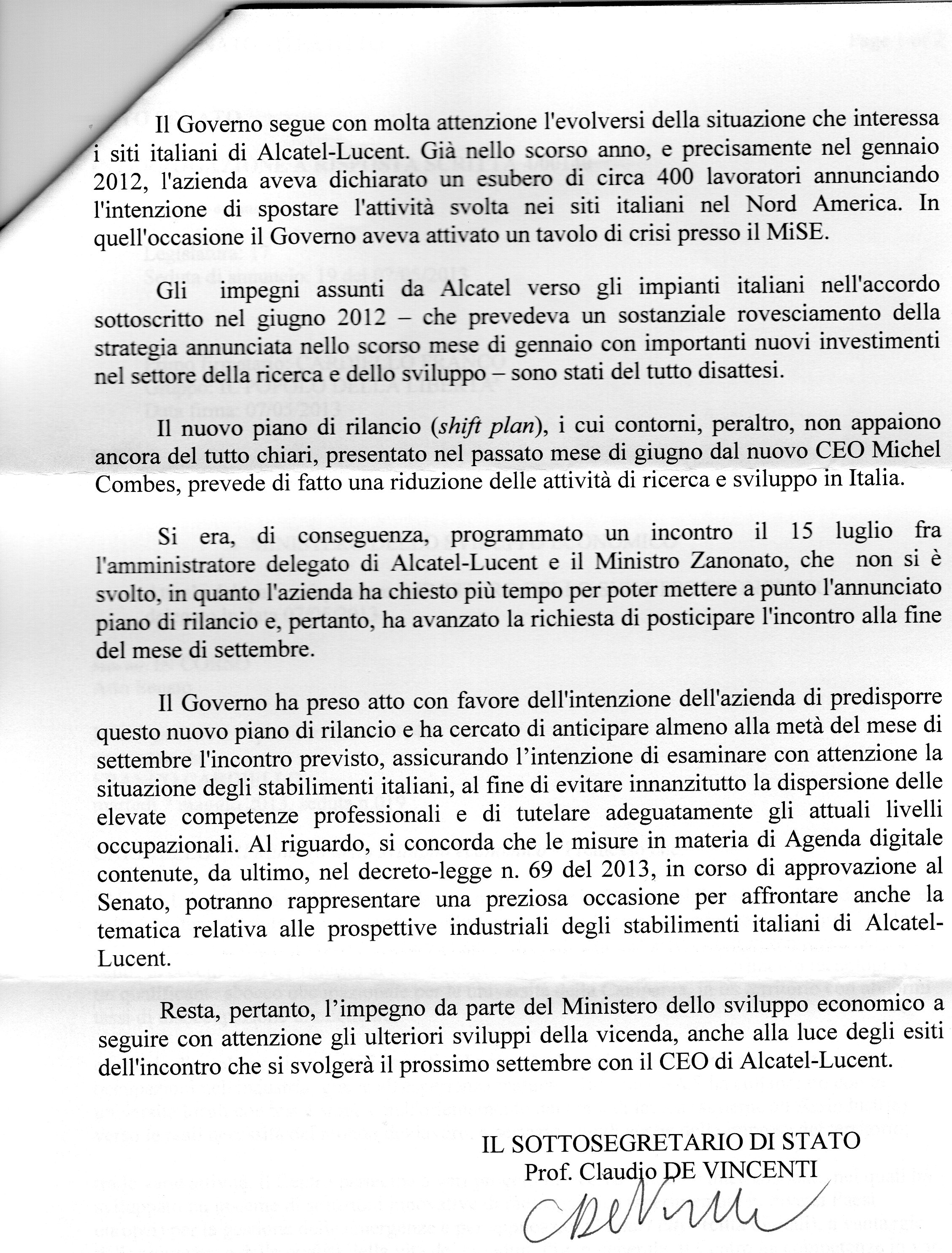 Risposta-Ministro attività produttive-caso alcatel.