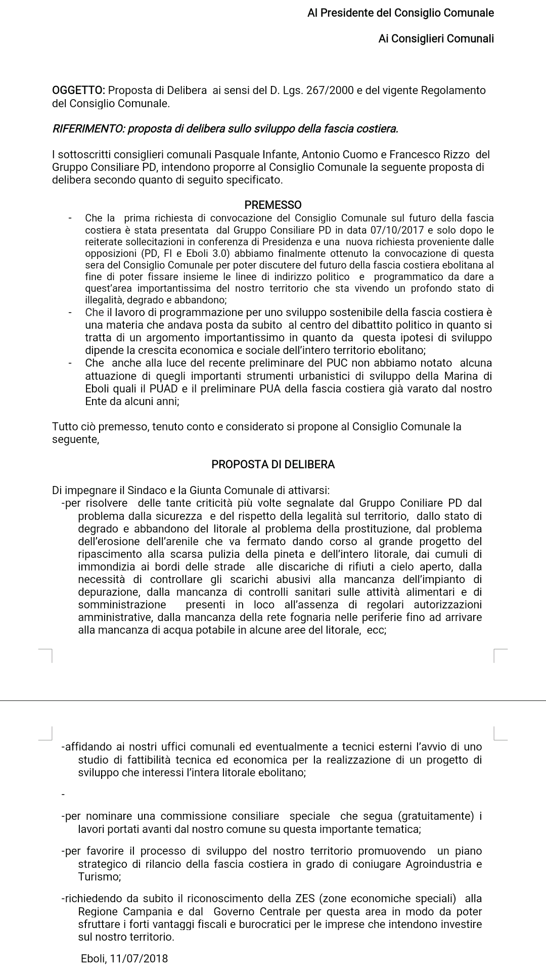 Proposta di delibera fascia costiera Eboli